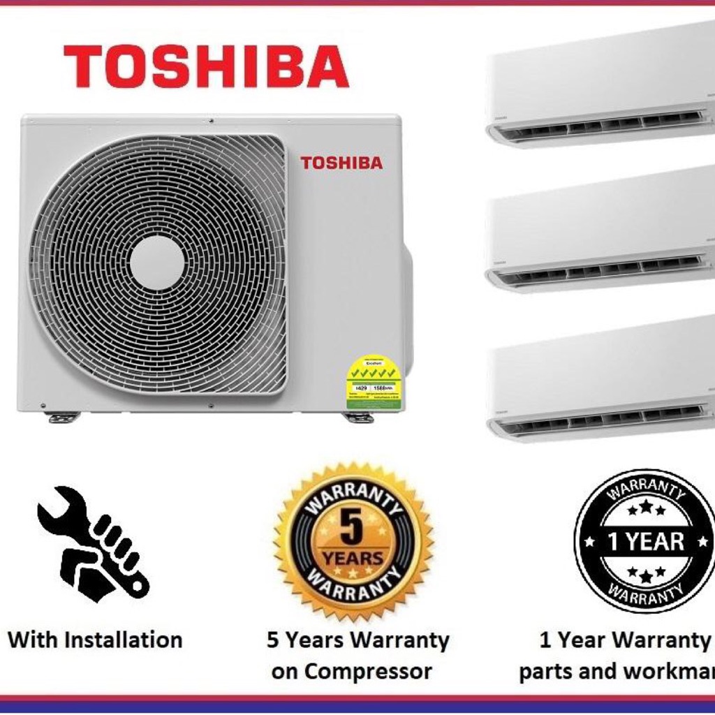 Toshiba YouMe 5 ticks System 3 Multi Split Air Conditioner Air Con Aircon for 2 bedroom & 1 master bedroom + NEW Install