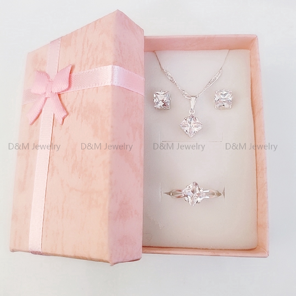 925 silver set 3in1 earrings necklace ring size adjustable for women with free box