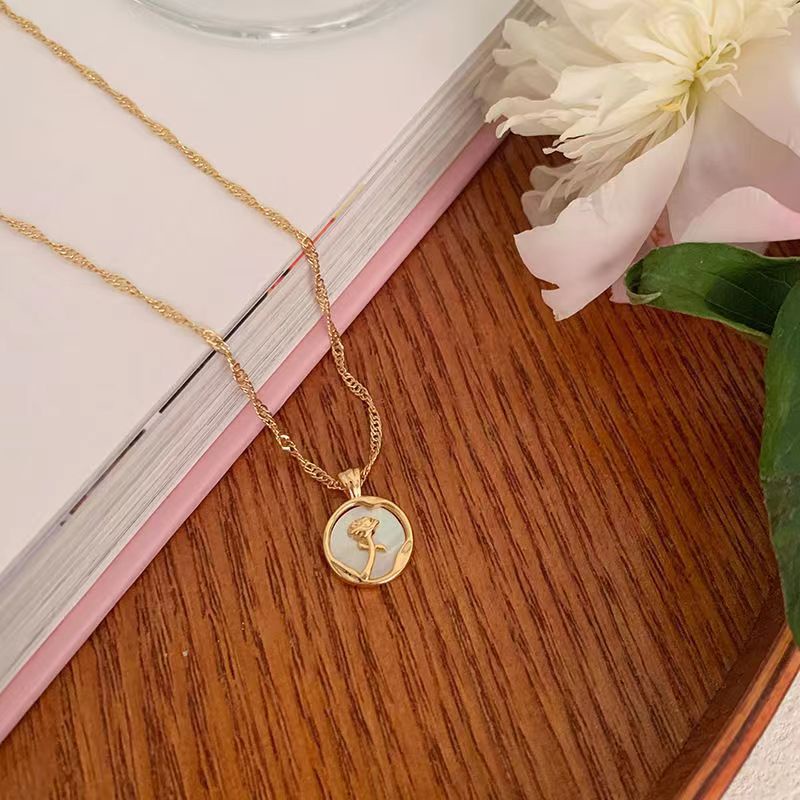 Image of White Simple Rose Necklace Female Personality Round Card Pendant Collarbone Chain Sweet Niche Design Necklace #2