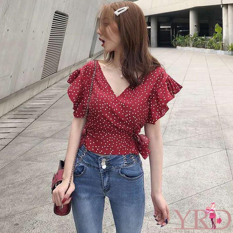  Korean  Style Women Dot Print V Neck Short Sleeve Chiffon  