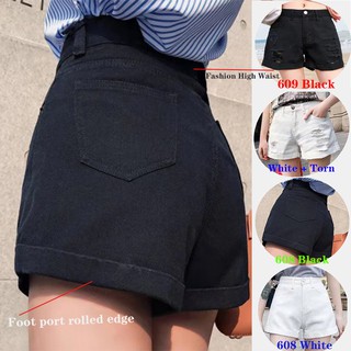 Image of Women's denim shorts High-waisted rolled jeans Black sexy denim shorts [S-2XL)