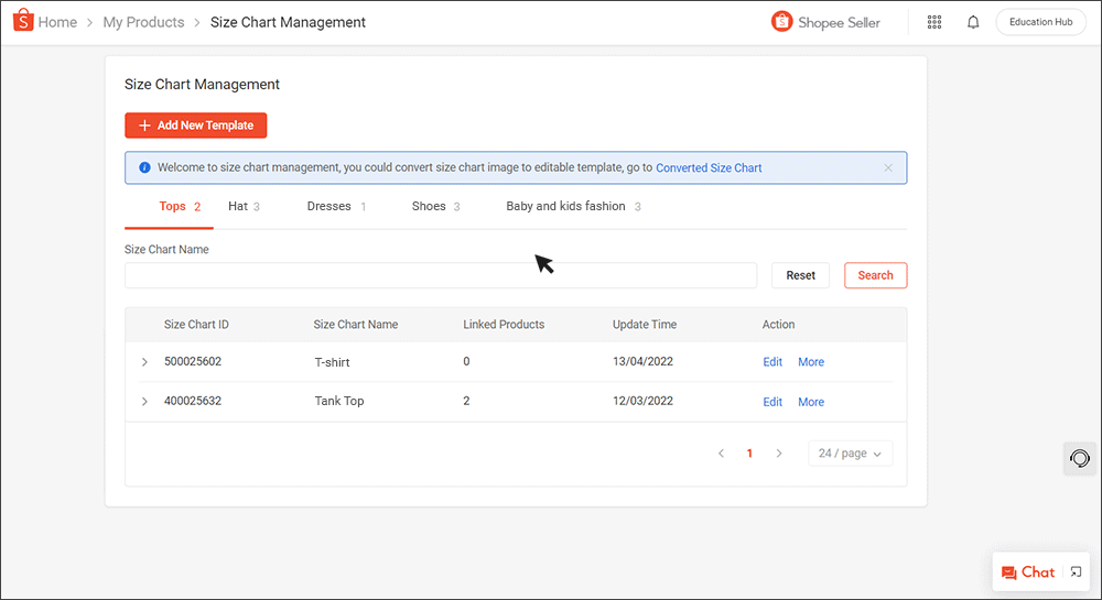 Size Chart Management Tool | Shopee SG Seller Education Hub