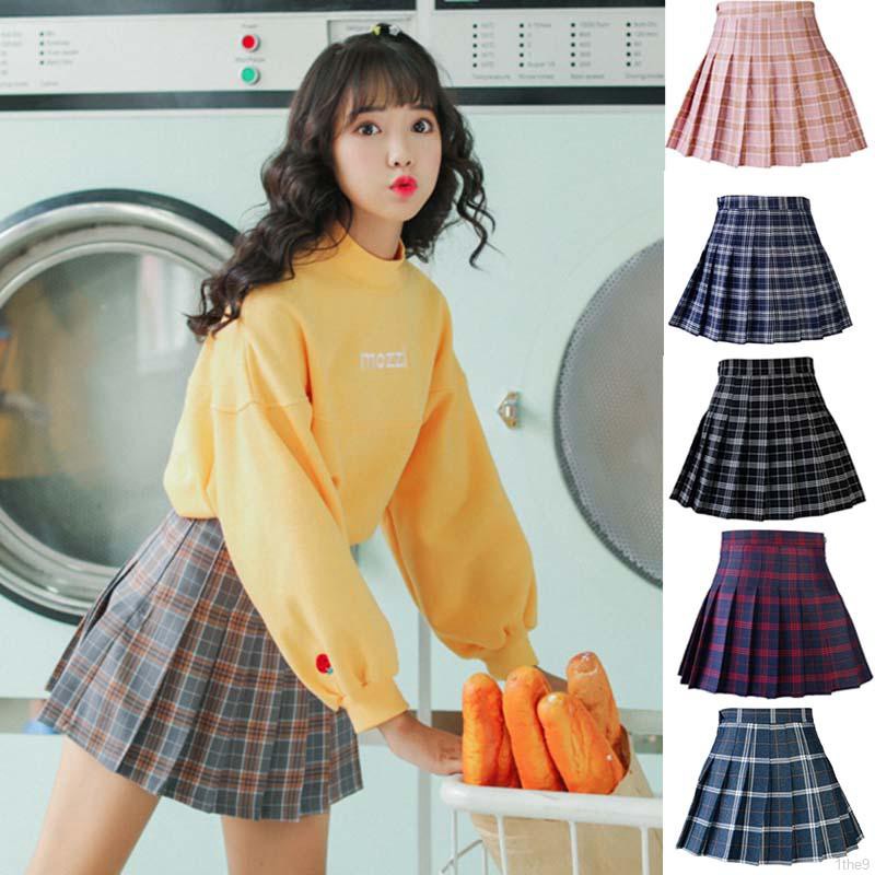 Student Style Women Casual Plaid High Waist Pleated A-line Skirt | Shopee  Singapore