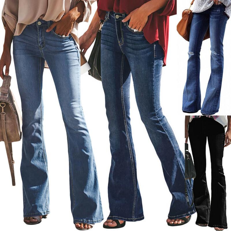 Image of Women Flare Jeans Skinny Denim Stretch Retro Slim Fit Bell Plain Casual