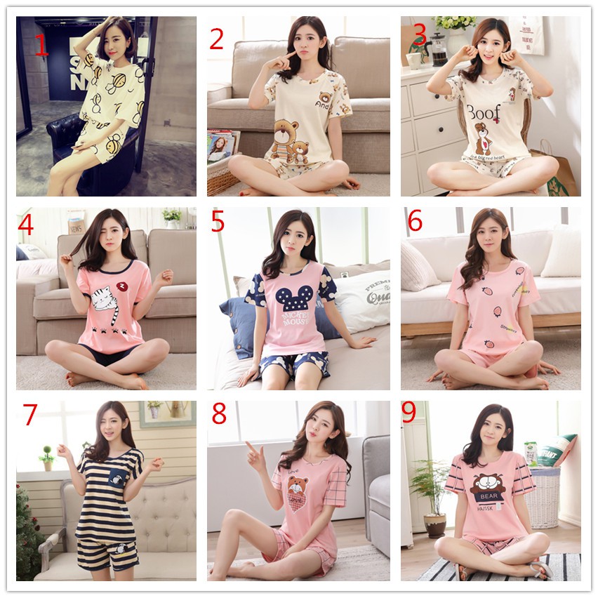 Image of Women Short-sleeved Sleepwear Summer Nightwear Casual Korean Round Neck Cartoon Love Bear Pajamas Set #2
