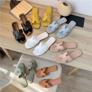 Image of Women Summer Fashion Concise Casual Solid Color All-match Anti-slip H-shape Flat Slippers