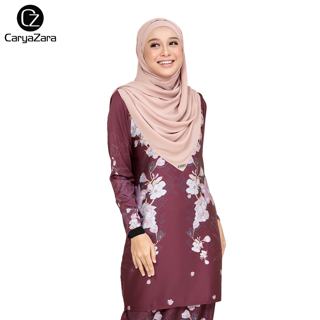 Baju Kurung Printed Caryazara D Hazel In Wine Red Shopee Singapore