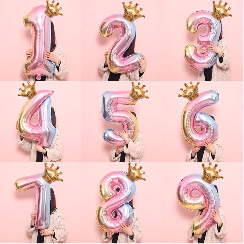 32inch rainbow number balloons with gold crown  foil balloon birthday party decorations