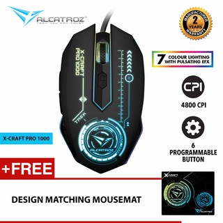 Alcatroz X-Craft Pro Series 4800 CPI Gaming Mouse with 7 Pulsating Light EFX Free Mousemat