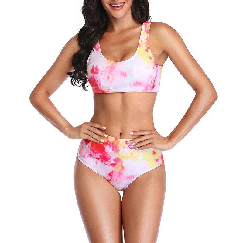 Novo tie dye conjunto de biquíni feminino arco íris maiô cintura alta peça maiô push up