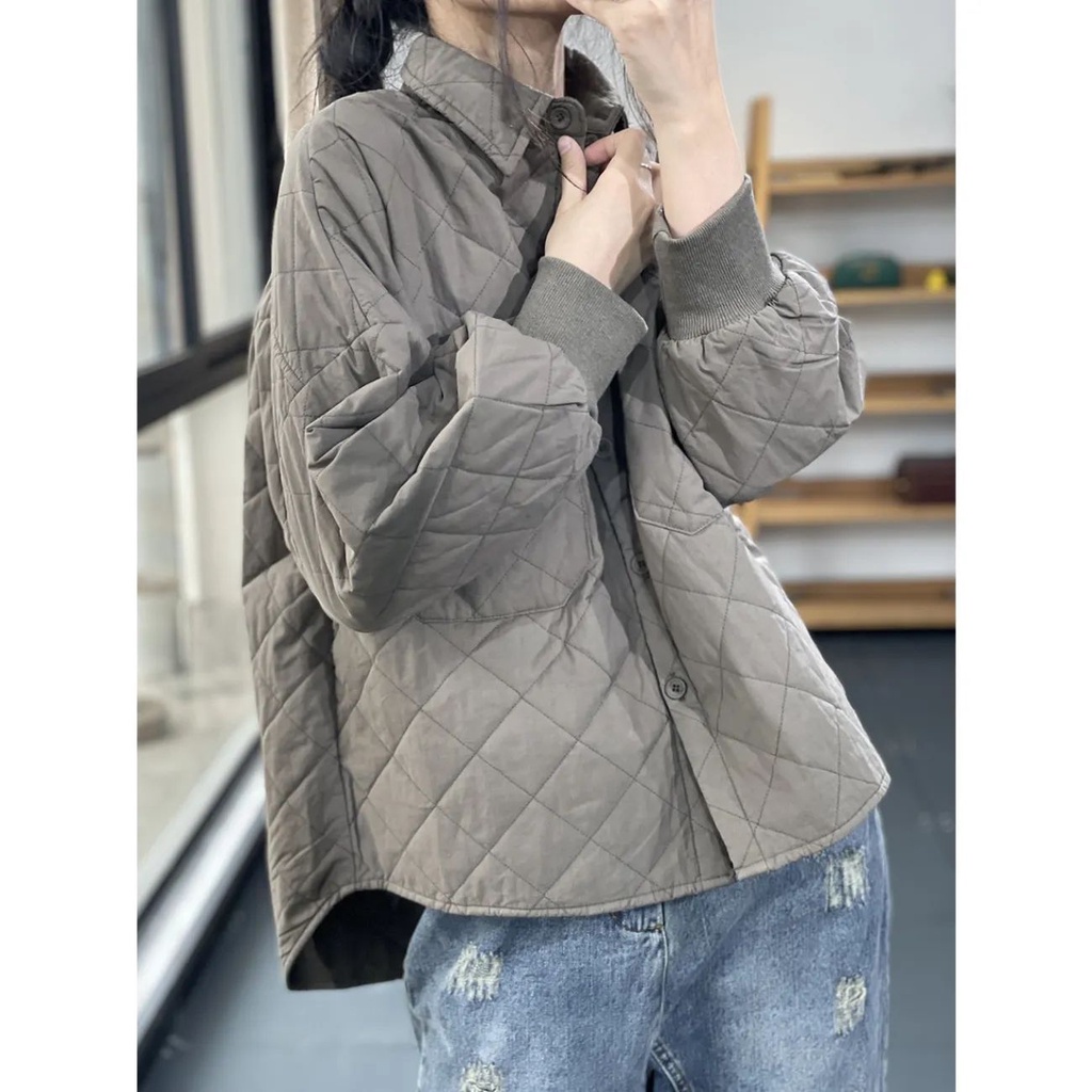 Image of 2022 Autumn Winter New Style Lapel Solid Color Pressed Cotton Loose Long-Sleeved Thickened Quilted Coat Women's #2