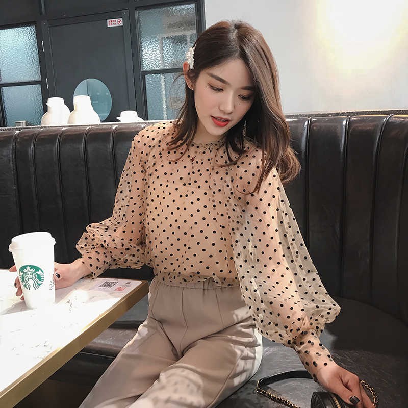 polka dot mesh long sleeve top