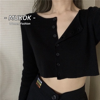 Image of MUKOK Korean Solid Color Long Sleeve Knitted Shirt Short Shirt