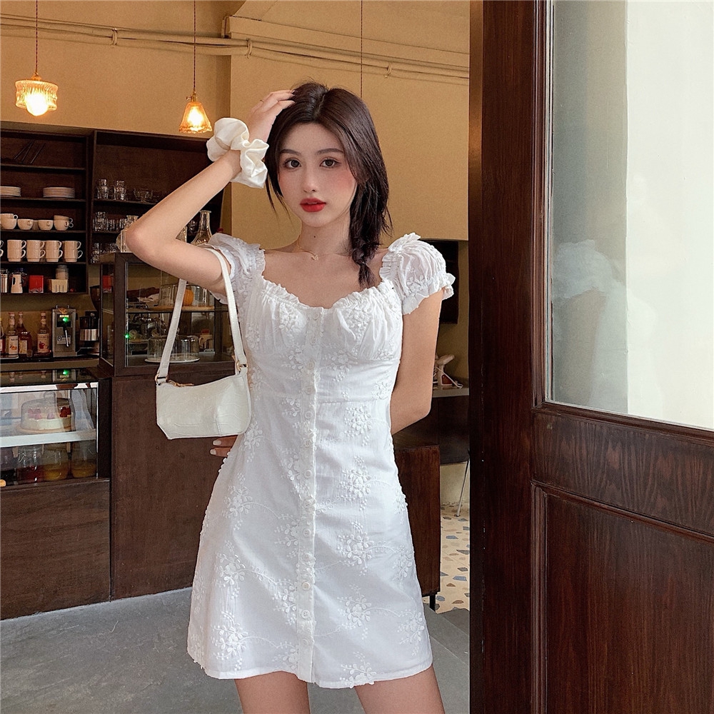 white embroidered puff sleeve dress