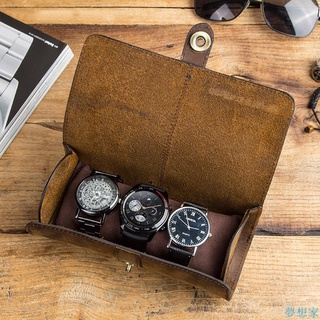 Vintage Brown Crazy Horse Leather Watch Box Creative Round Buckle Genuine Simple Storage