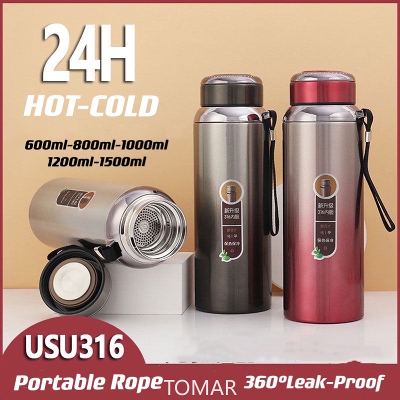 600-1500ml 316 Stainless Steel Vacuum Thermal Flask Bottle Portable Sport Water Bottle Outdoor Climbing With Rope