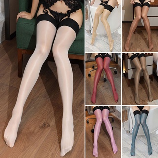 30D Women Oil Shine Shiny Thigh High Stockings Sexy Ladies Lolita Glitter Lustre Legs Rib Top Opaque