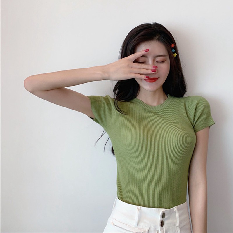 Women S Korean Style Fashion O Neck Solid Short Sleeve Knitted Sexy Slim Pullover T Shirt Shopee Singapore