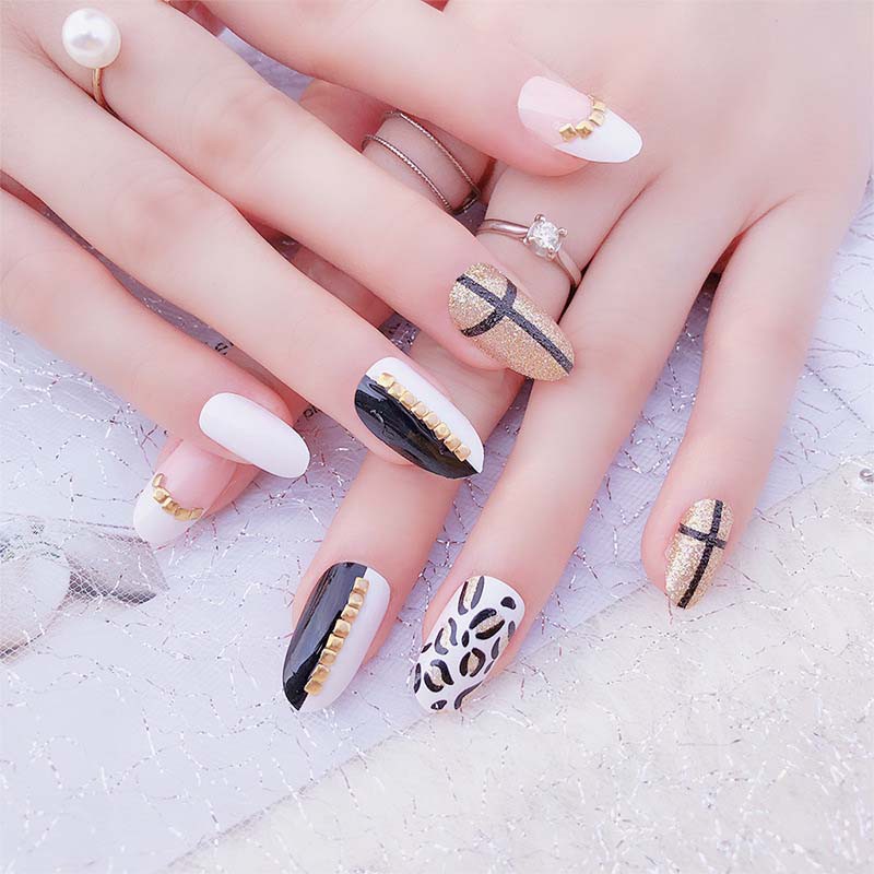 24pcs Fashion Leopard False Nail New Metal Nail Tips Art Fake Nails Shopee Singapore