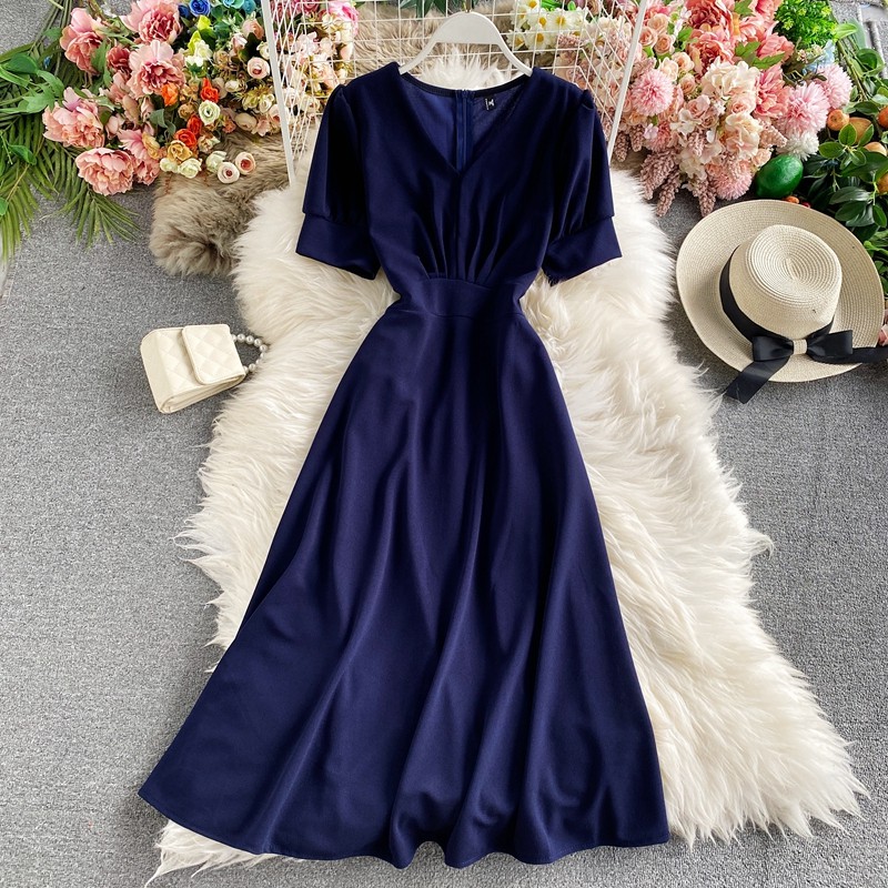 Summer Long Dress Women Korean Fashion Puff Sleeve V neck High Waist Midi Dresses | Shopee Singapore