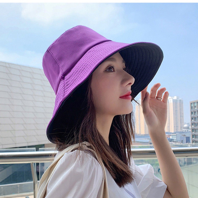 Image of Summer Fashion Women's Big Frame Solid Color Double-sided Sunscreen Fisherman Hat Breathable Cotton Outdoor Travel Bucket Hat #3
