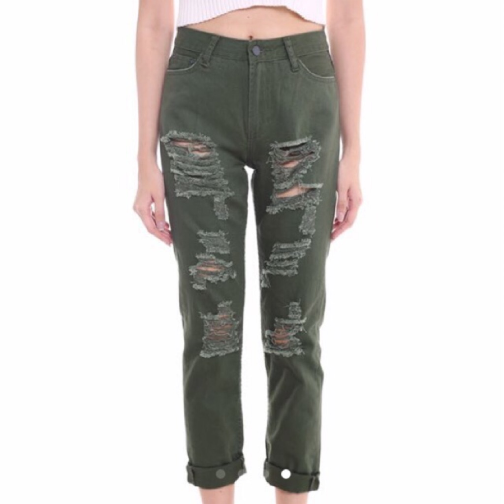 olive green jeans ripped