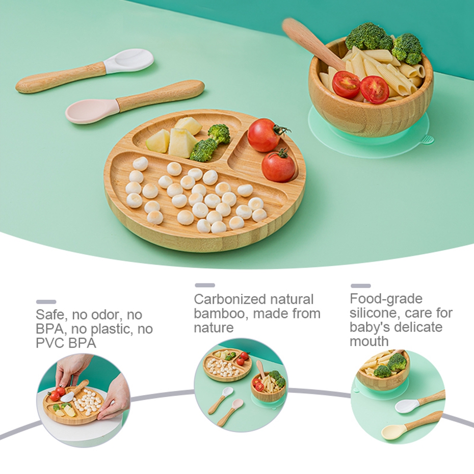 Baby Tableware Five Colors Bamboo Bowl Spoon Plate with Suction Cup Strong Adsorption Force Safe and Healthy Baby Tableware