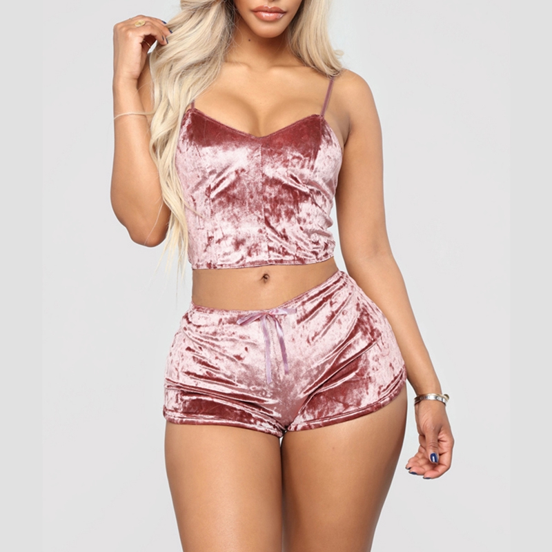 Image of Women's Pajamas Sexy Nightwear Set Velvet Outfit Spaghetti Strap Sleeveless Crop Top+ Shorts Set #5
