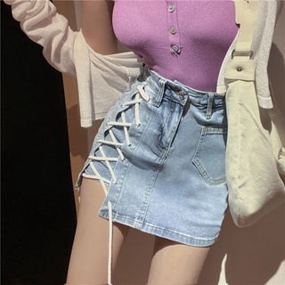 Women's Denim Skirt Summer Short Sexy Korean Hip Side Slit Straps High-waisted Wrap Mini Skirts for Women Fashion Vintage Tight