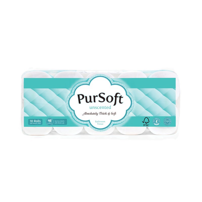 PurSoft 4 ply Unscented Bathroom Rolls 200 sheets, Pack of 10 Toilet