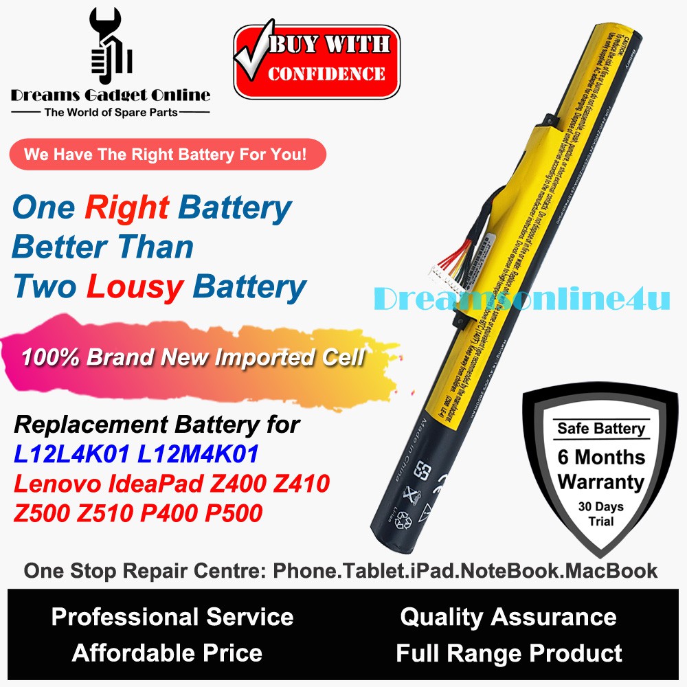 Replacement Notebook Battery L12l4k01 L12m4k01 For Lenovo Ideapad Z400 Z410 Z500 Z510 2600mah Shopee Singapore