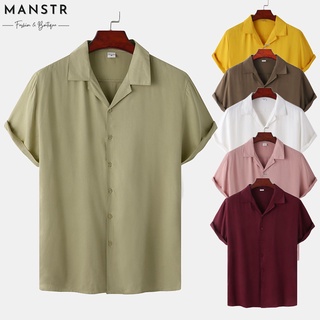 Men Korean Slim Fit Cuban Collar Short Sleeve Casual Shirt Button Down Plain Basic Tops White\ Yellow\ Pink\ Wine Red\ Khaki\ Army Green