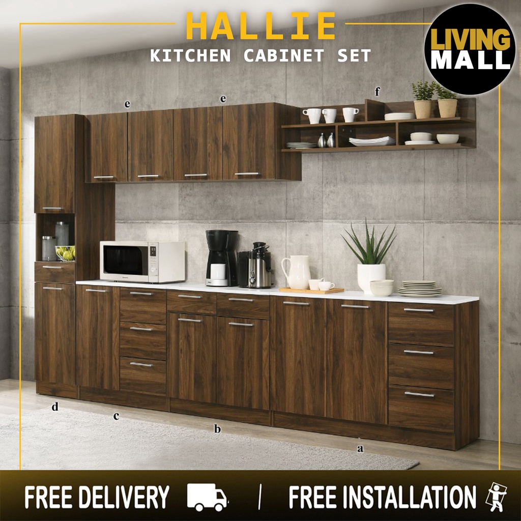 living mall hallie series modular kitchen cabinet melamine panel top with  hanging cabinet in brown & natural color.