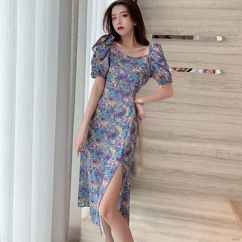 Fashion Wild Korean Women Long Puff Sleeve Short-sleeved Summer Dress ...