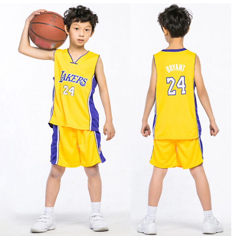 Boy Girls Mesh Breathable Basketball Sleeveless T-Shirt and Shorts Set Tracksuit Kids Lakers #24 Bryant Basketball Jersey Suit 