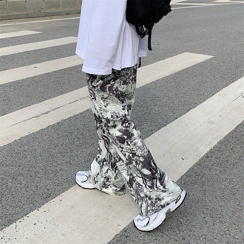 ∈spring and summer new style Korean loose Chinese ink painting tie-dye printed pants women s casual all-match wide-l