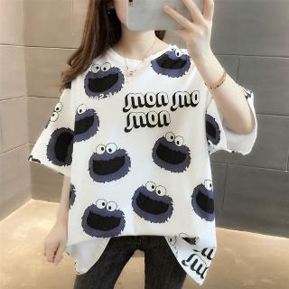 Image of 【M-4XL/8Colors/40-150kg】Oversized Korean Style Women T-shirt Plus Size Round Neck 3/4 Short Sleeves BIg Loose Sesame Street Cartoon Letter Printed Tee Summer Maternity Cloth Tee Casual Top