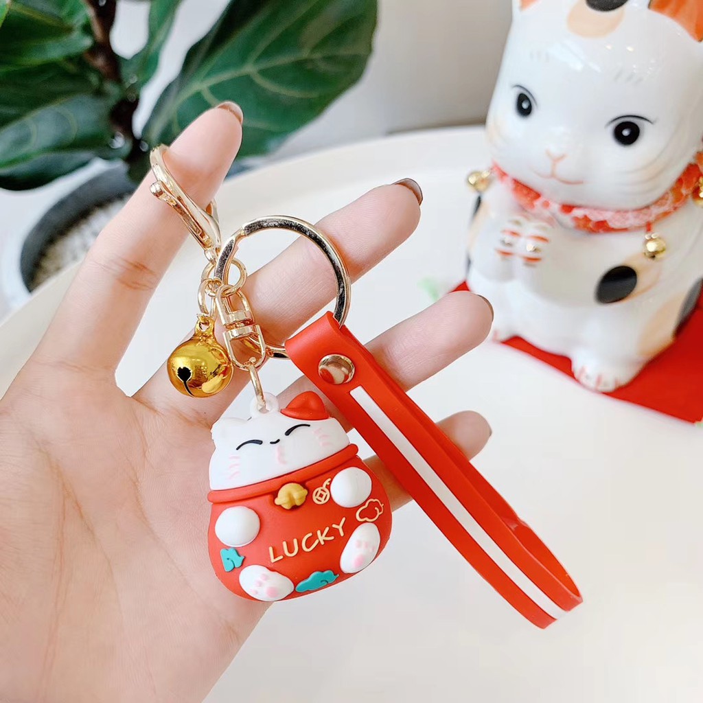 Cat Key Chain Red Maneki Fortune Lucky Beckoning Cat Bell Cartoon KeyRing Gift 