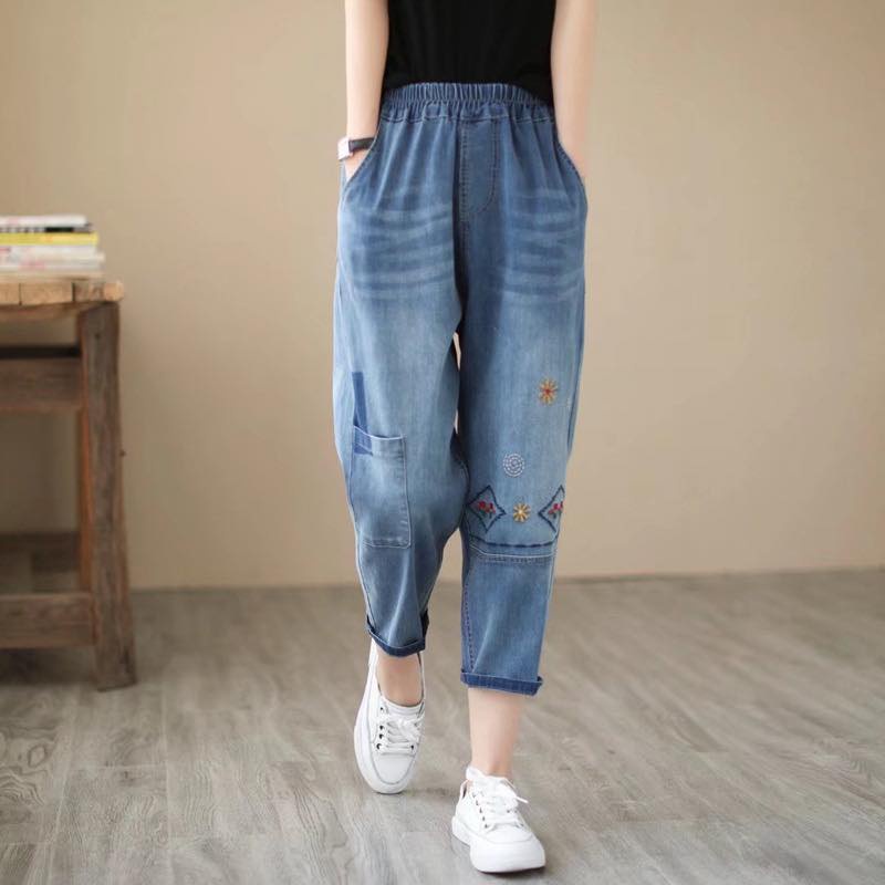 50-85kg Bigsize baggy Jean Pants Embroidered Super cute Motifs, Elastic ...