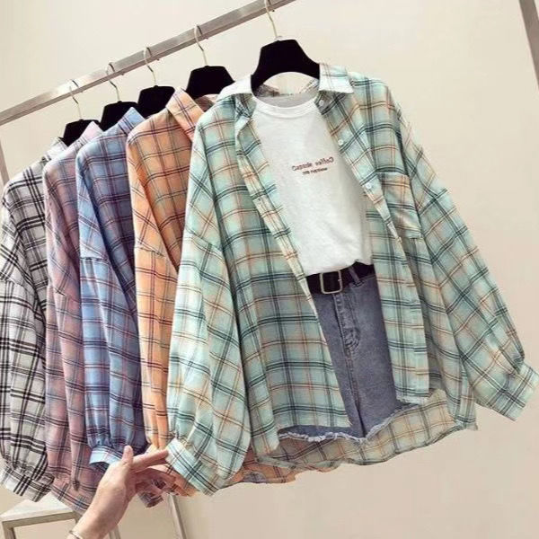 Plus Size Women Korea Shirt Checkered Blouse Long Sleeve Kemeja Korea Wanita Baju Lengan Panjang Wanita S 2xl Shopee Singapore