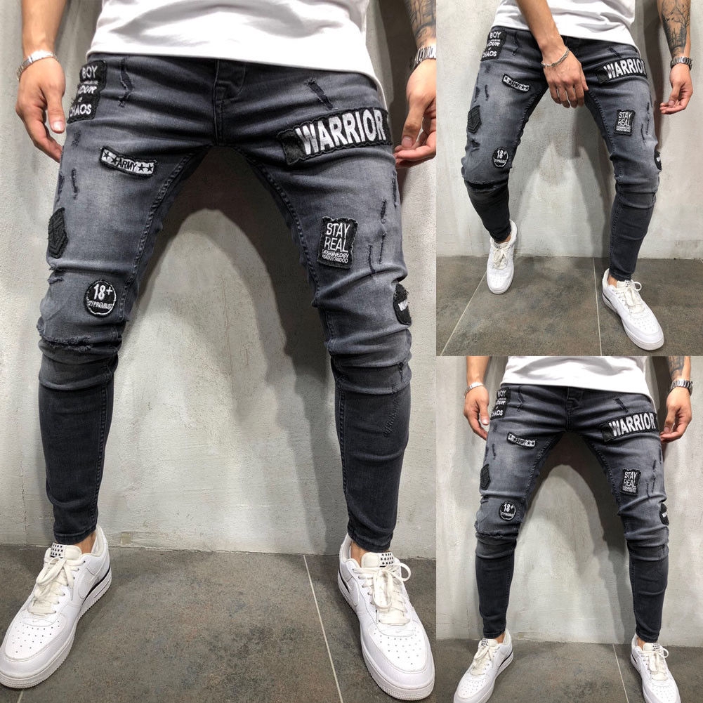 Fashion Men Ripped Jeans Skinny Jeans Destroyed Jeans Frayed Slim Fit Denim Pant Shopee Singapore