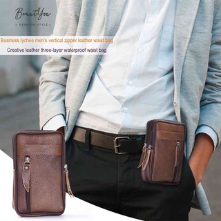 Men Cowhide Leather Waist Bum Pack Casual Small Mobile Phone Zipper Pouch [BeautYou.sg] #3