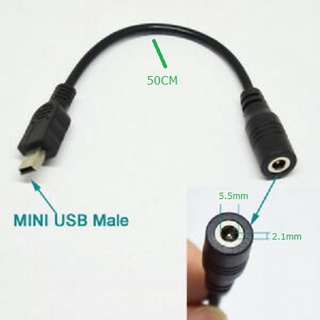 Mini USB 5 Pin Male To 5.5mm x 2.1mm Female DC. 50cm long