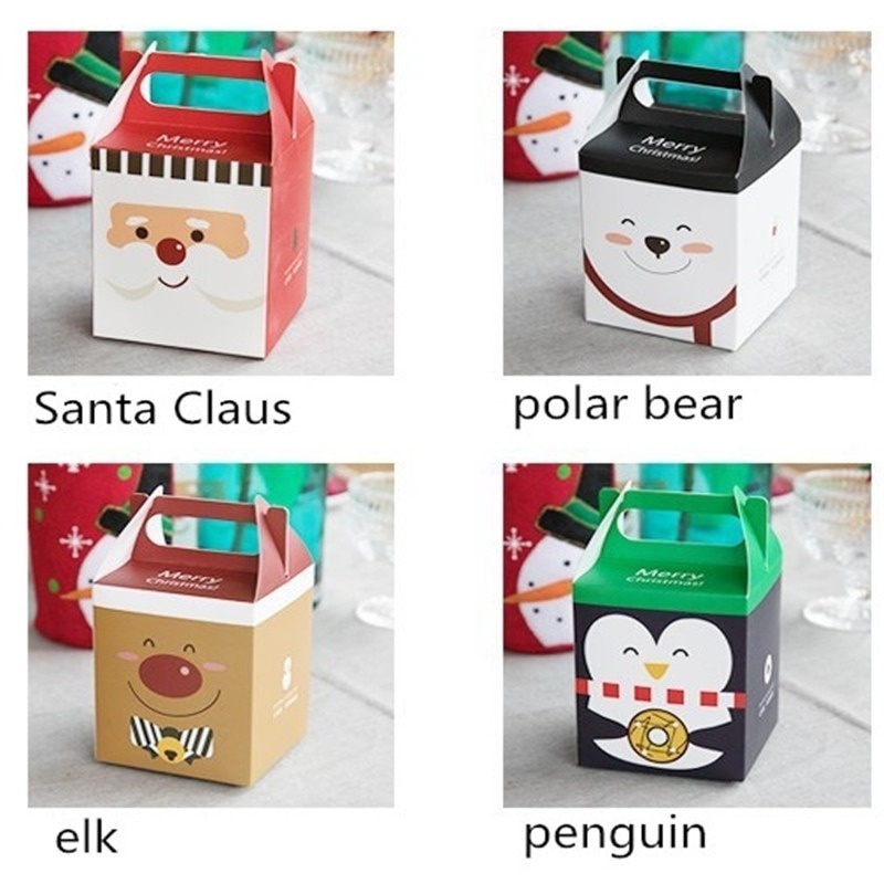 4 Styles Merry Christmas Candy Apple Box/ Santa Claus Snowman Printed Cookie Wrap Box/ Xmas Eve Gift Packaging Container