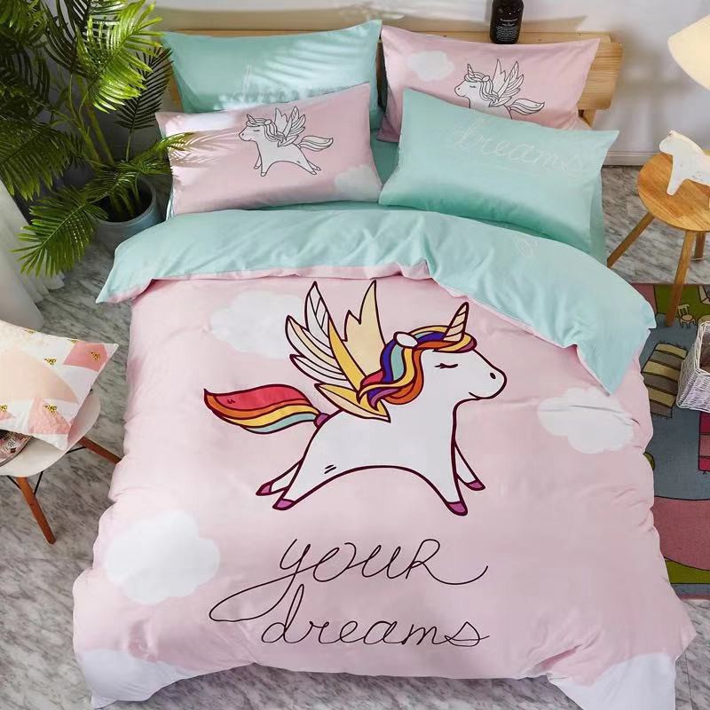 Ins Cartoon Unicorn 100 Cotton 4in1 Bedding Set Fitted Bed Sheets Queen King Size Shopee Singapore