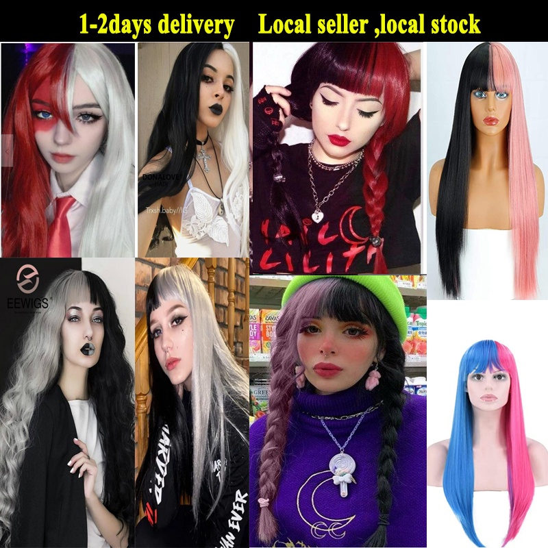Lolita Cosplay Wig Half Pink Half Black Wig Long Straight Wig Halloween Wigs Two Tone Ombre Color For Women Girl Wigs Shopee Singapore