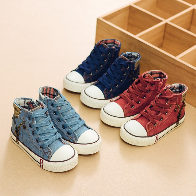 new Canvas zip kid Shoes Boys Sneakers Girls Jeans Denim Flat high help causal shoes 25-37