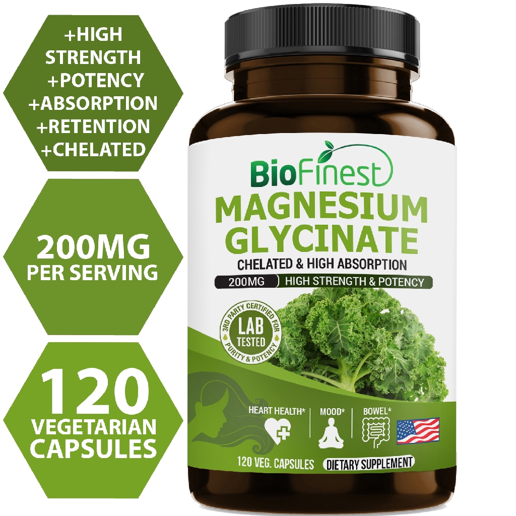 Biofinest Magnesium Glycinate 200mg Chelated High Absorption Heart Bone Muscle Bowel Mood