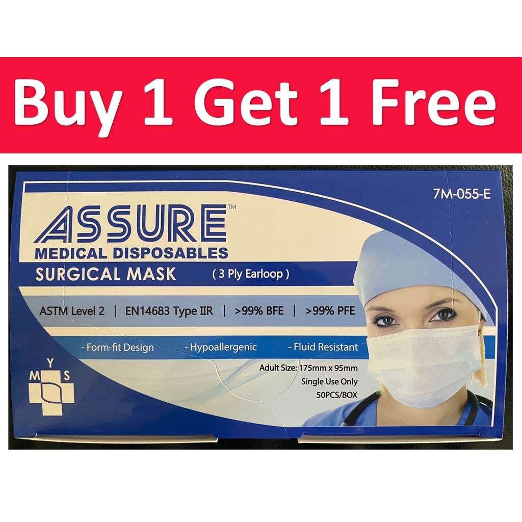 [BUY 1 FREE 1] ASSURE Adult Surgical Mask 3Ply Earloop Disposable