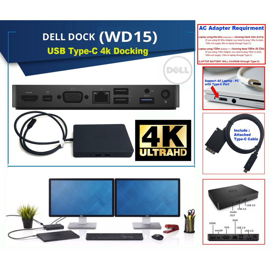 Dell Business Dock Wd15 4k With Thunderbolt 3 Usb Type C Cable Attached Support All Laptop With Type C Port K17a001 K17a Shopee Singapore